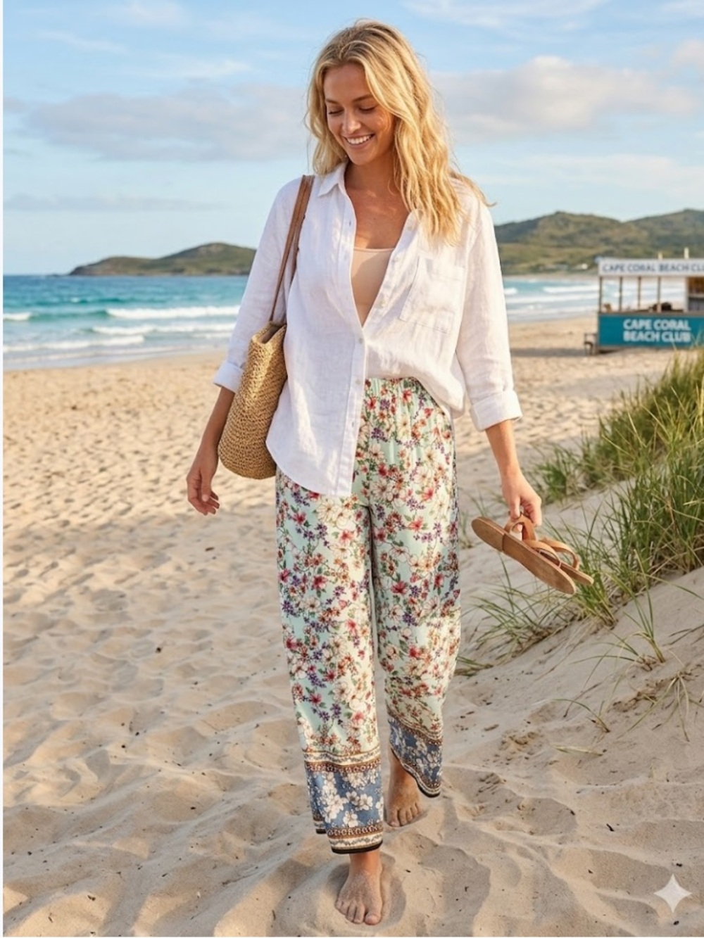 miami wide leg polyester stretch waist pants in mint, pink & gray floral